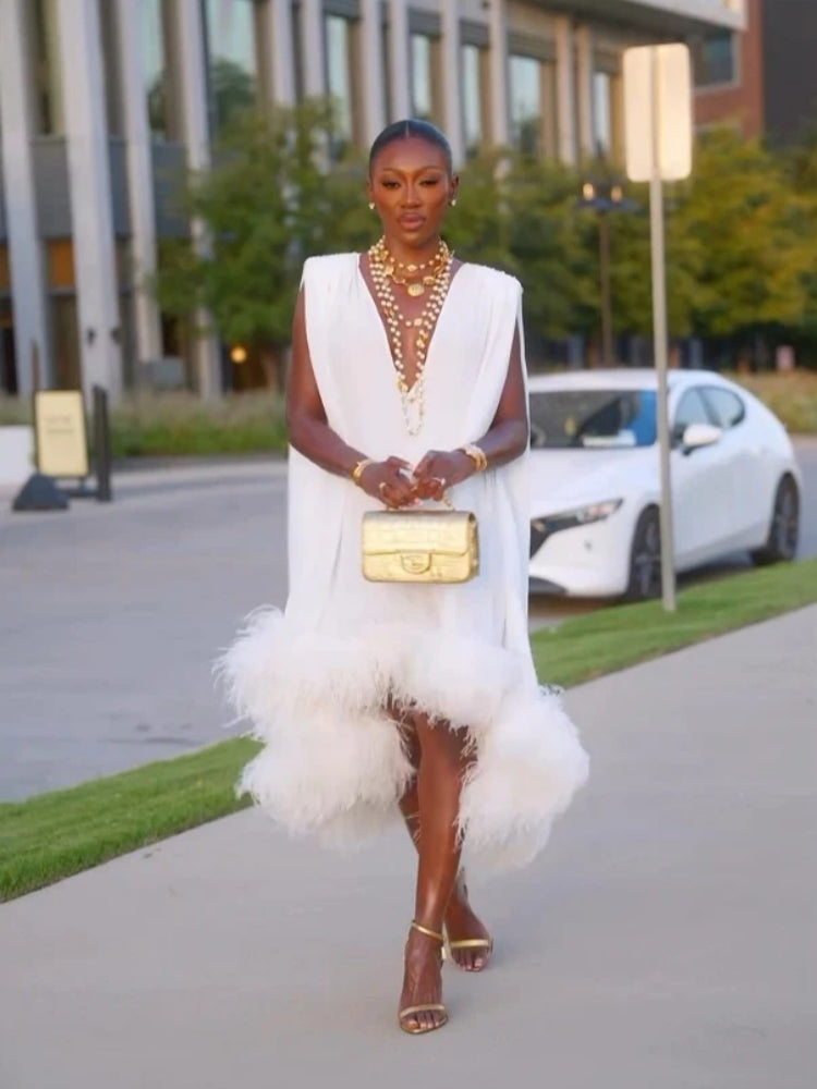 Elegant Sleeveless White Feather Patchwork Irregular Hem Midi Dress