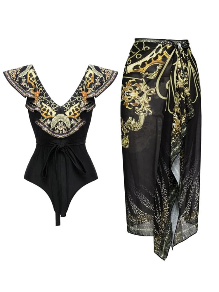 Black Gold Print Ruffle Tie Swimsuit Set