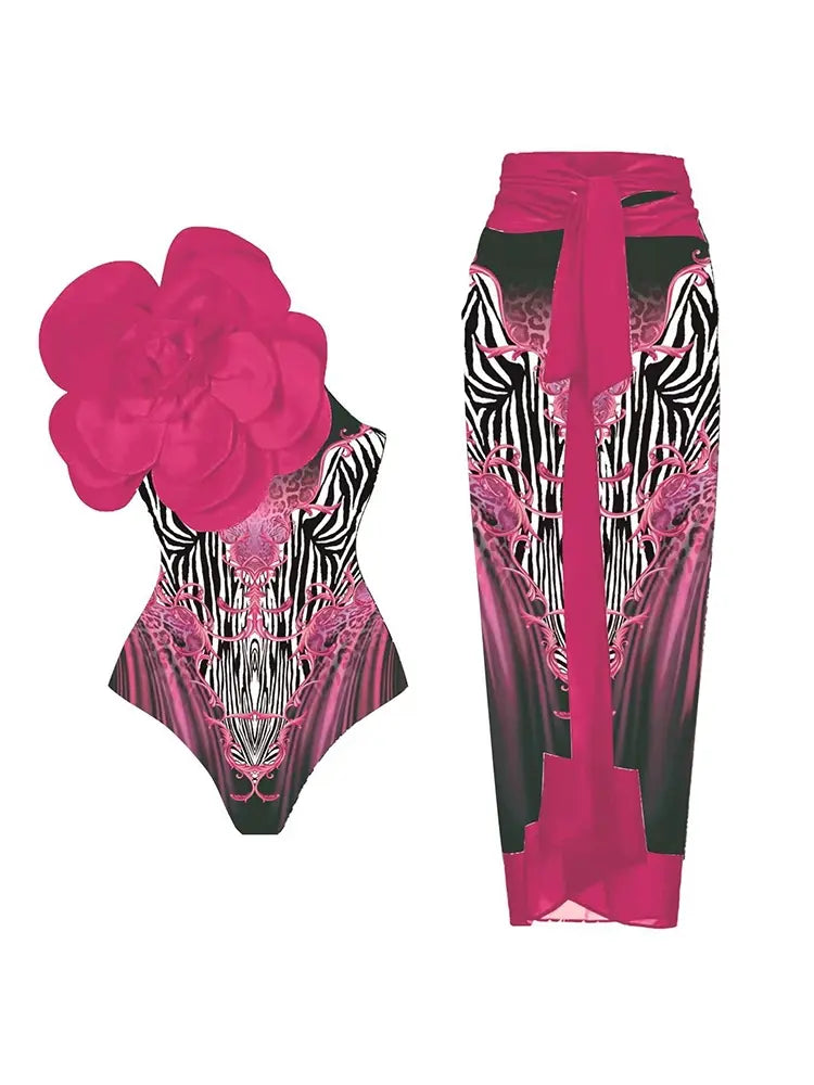 3D Fuchsia Floral Bust Decor Printed Swimsuit