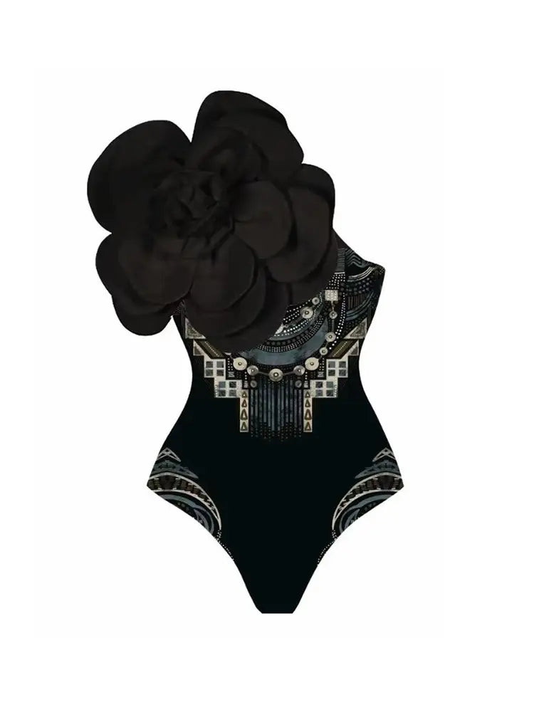 3D Black Floral Bust Decor Printed Swimsuit