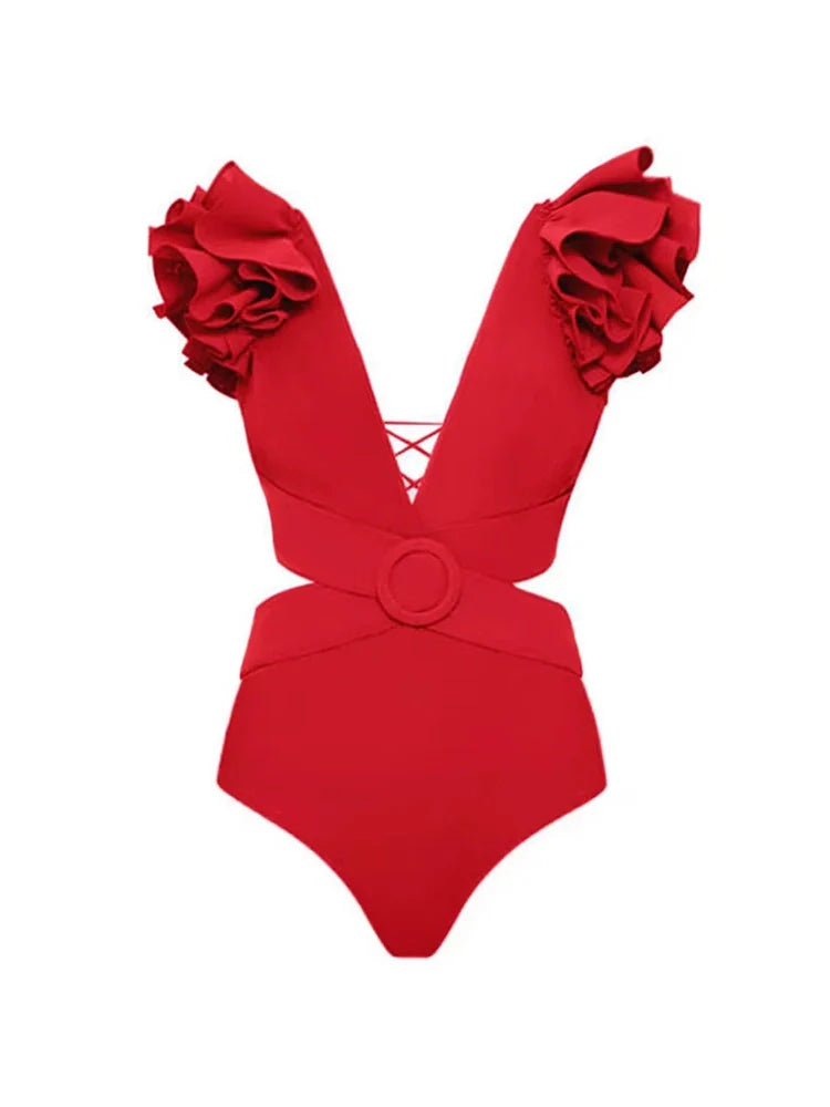 3D Floral Shoulder Embellished Cutout Swimsuit