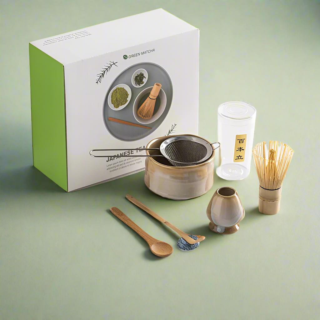 Vintage 7-Piece Matcha Set with Ceramic Bowl, Chasen Whisk, and Bamboo Scoop for Traditional Tea Ceremony