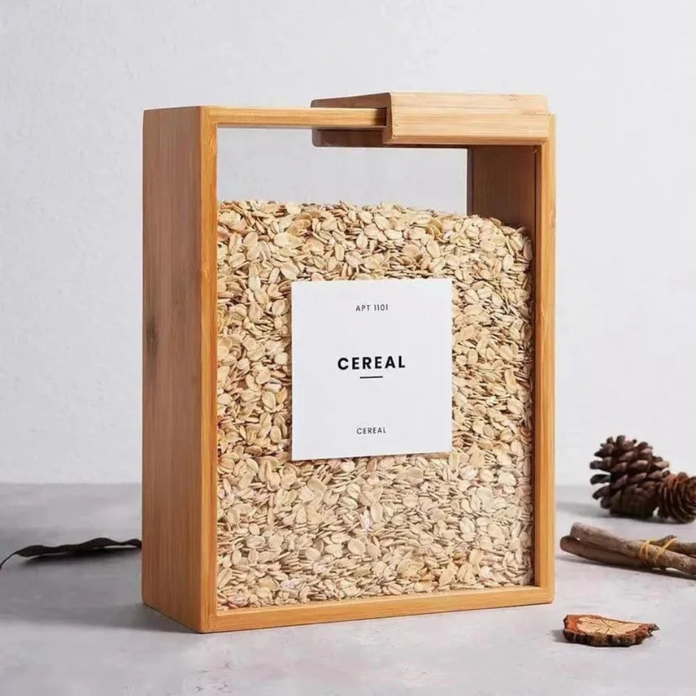 Wooden kitchen storage containers with clear front, airtight canisters for rice, pasta, cereal, and dry food organization