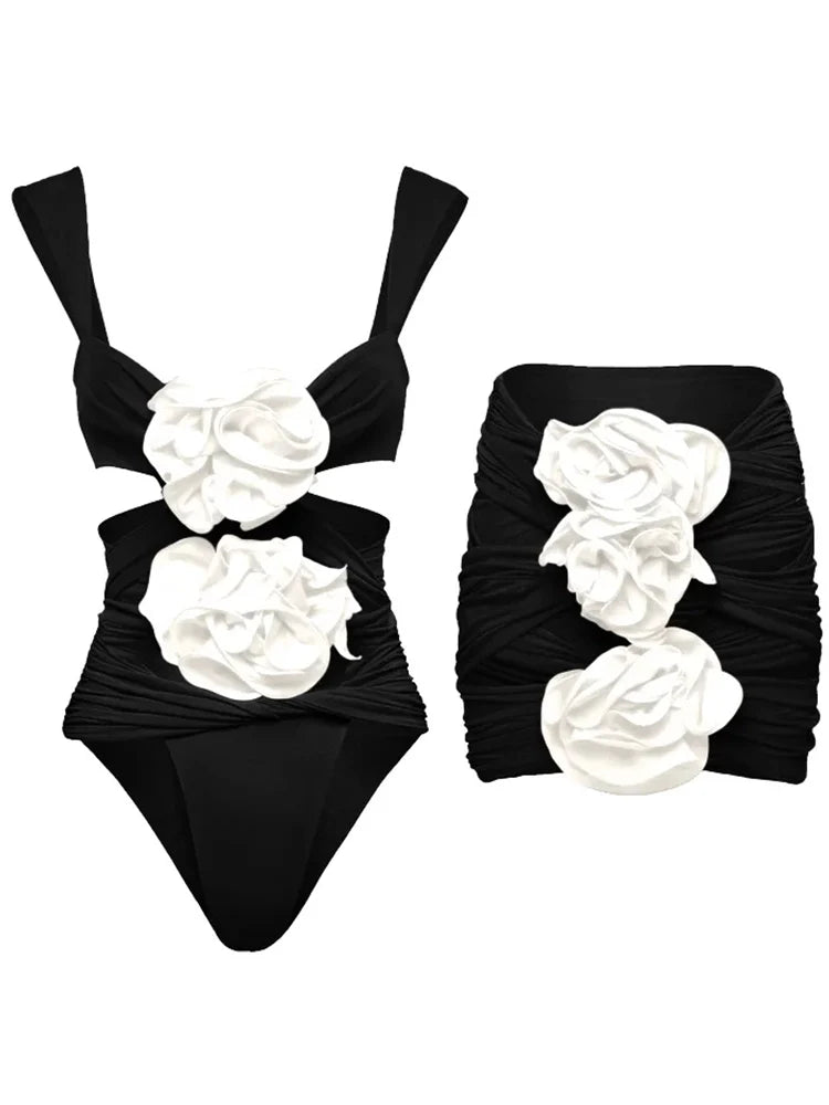 3D Floral Black Swimsuit Set