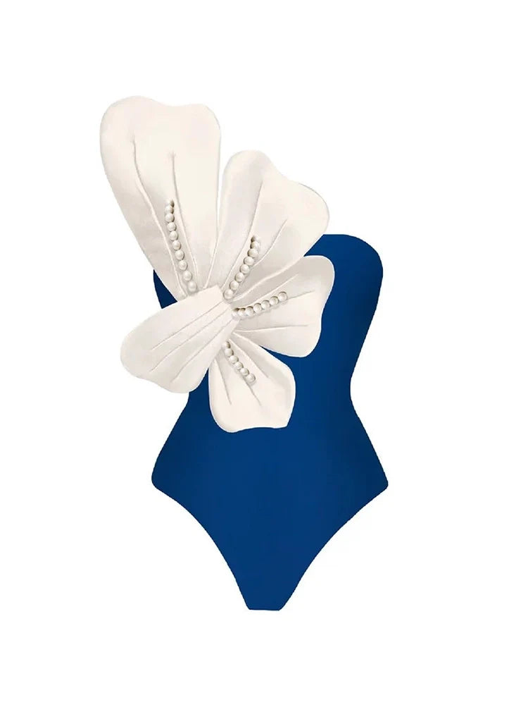 Blue Swimsuit Set Pearl Floral Accents