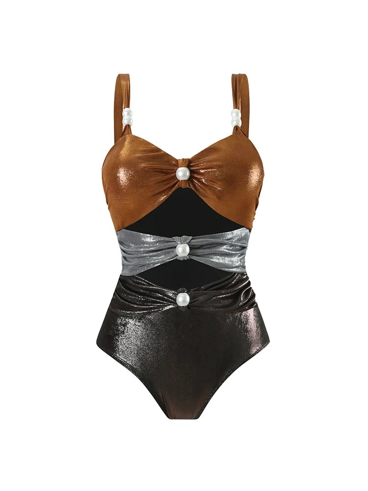 Pearl Cutout Swimsuit with Wrap Skirt Set