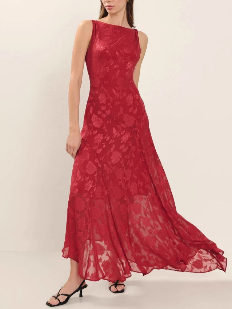 leeveless Lace Backless Jacquard High-Waist Maxi Dress