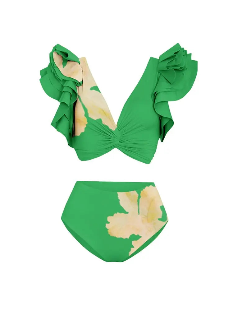Ruffled Stitch Detail Floral Bikini Set