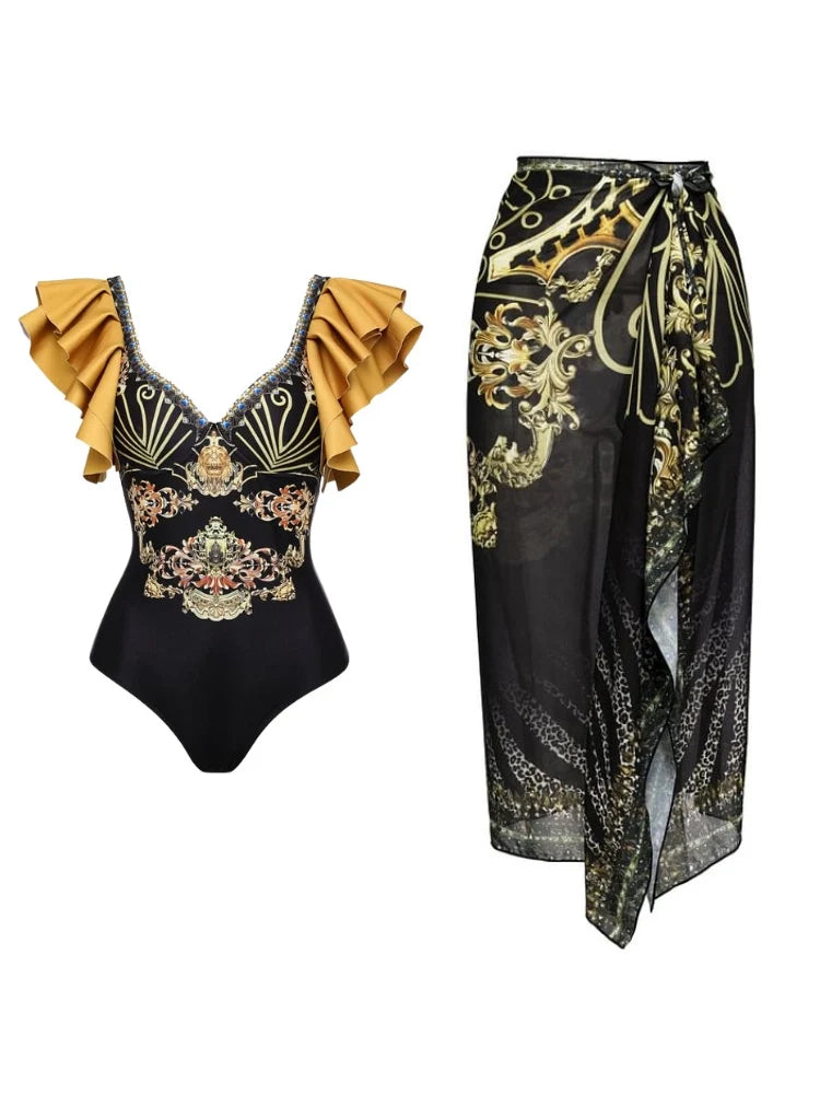 Black Gold Ruffle Swimsuit Set