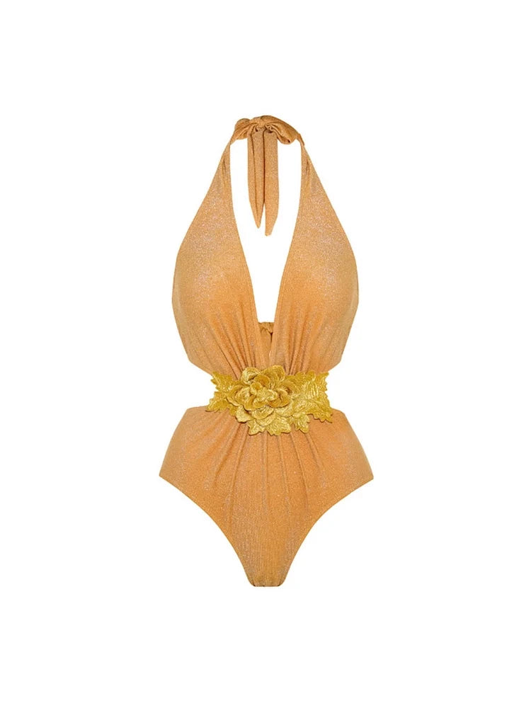 Golden Halter Deep V One-Piece Swimsuit