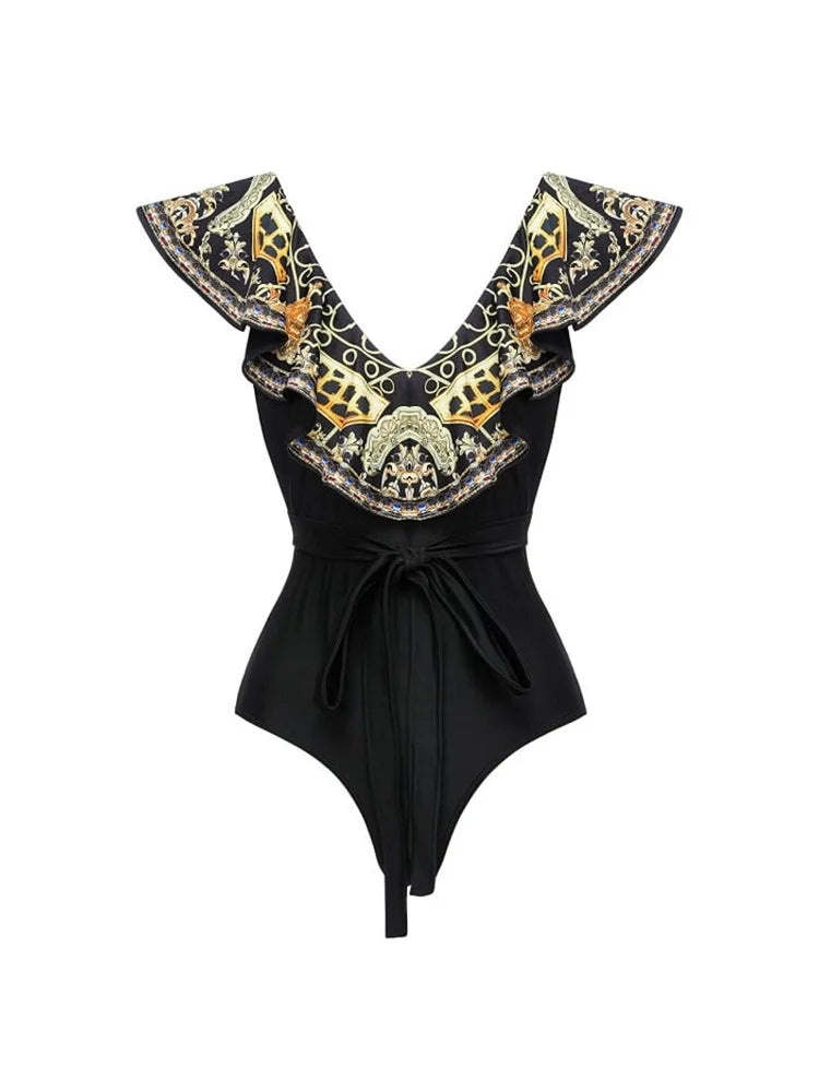 Black Gold Print Ruffle Tie Swimsuit Set