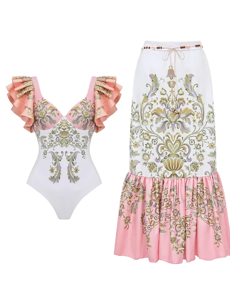 V Neck Ruffle Patchwork Ethnic Print Swimsuit