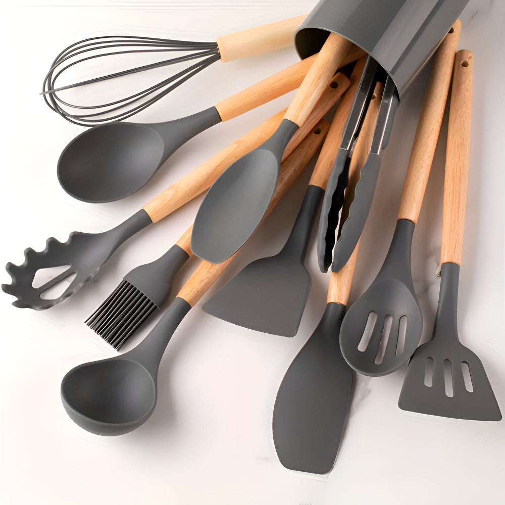 11-piece silicone kitchen utensil set with wooden handles, heat-resistant cooking tools including spatula, whisk, ladle, and tongs