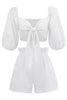 Linen Wrap Front Tie Puff Sleeve Shorts Sets In White