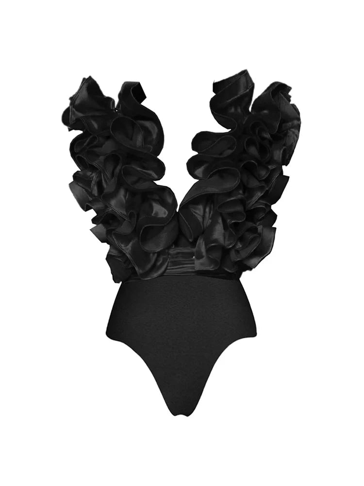Ruffle V-Neck Black Swimsuit