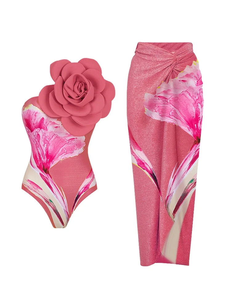 3D Floral Pink Print Swimsuit Set