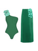 Green One-Shoulder 3D Floral Swimsuit