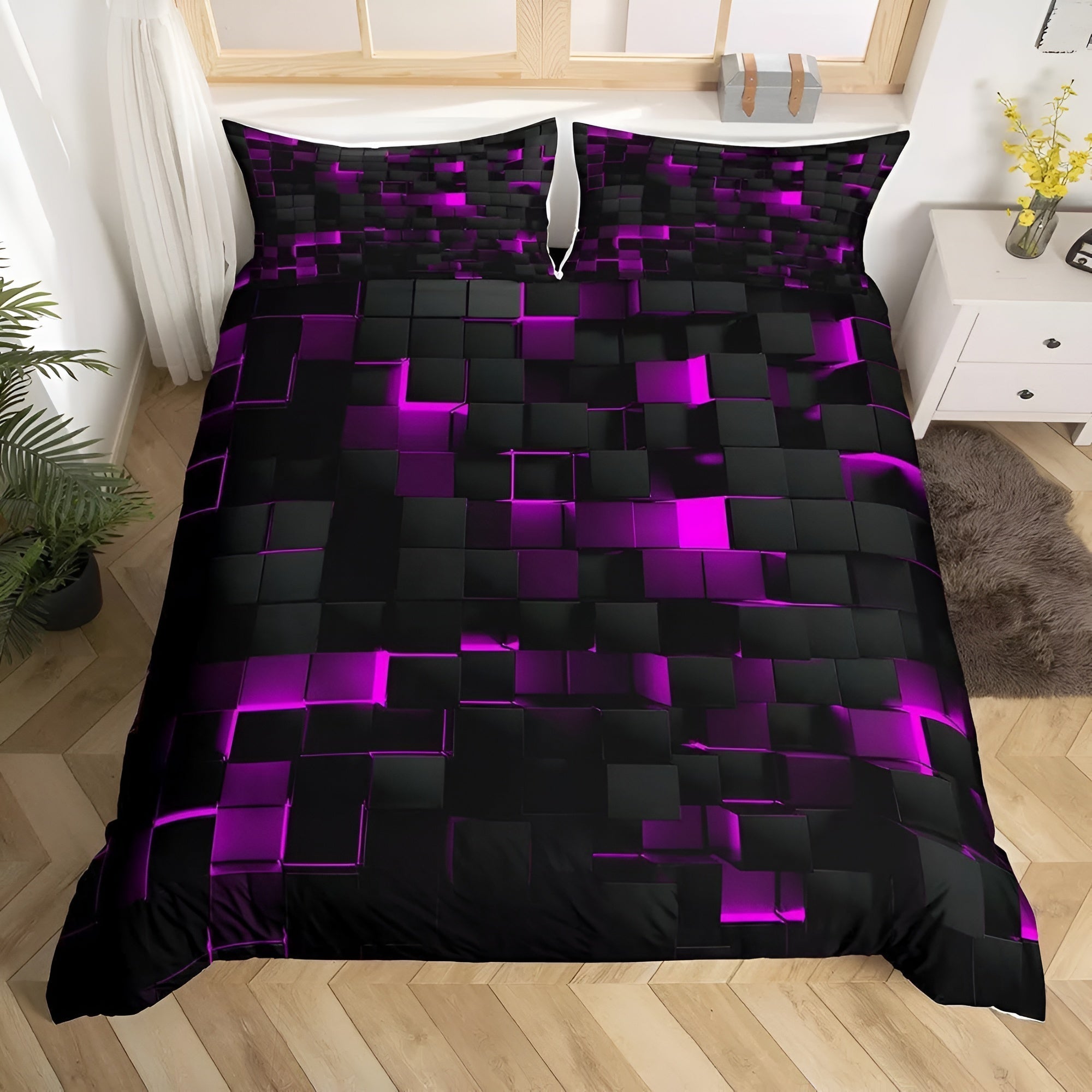 Black and red 3D geometric bedding set with duvet cover and pillowcases, modern luxury bedspread for contemporary bedroom decor
