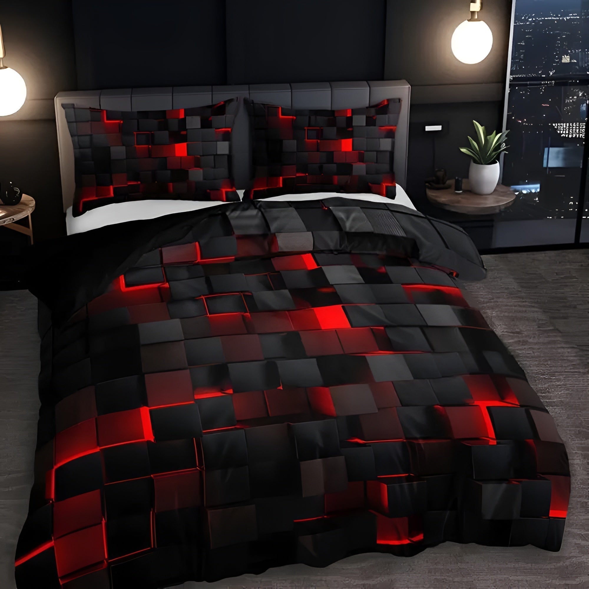 Black and red 3D geometric bedding set with duvet cover and pillowcases, modern luxury bedspread for contemporary bedroom decor