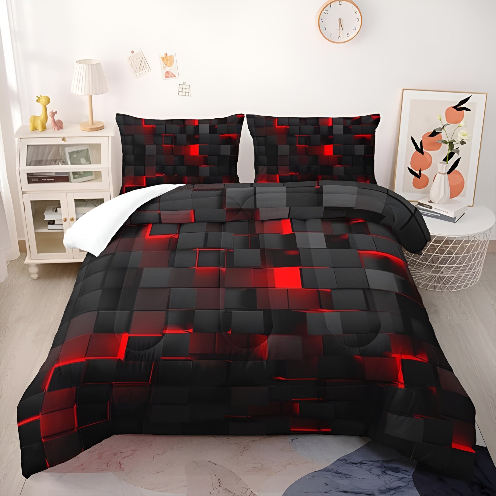 Black and red 3D geometric bedding set with duvet cover and pillowcases, modern luxury bedspread for contemporary bedroom decor