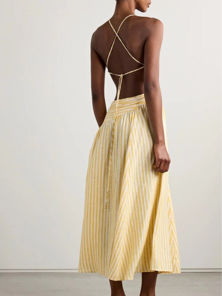 Cascadian Cutout Ruched Striped Midi Dress