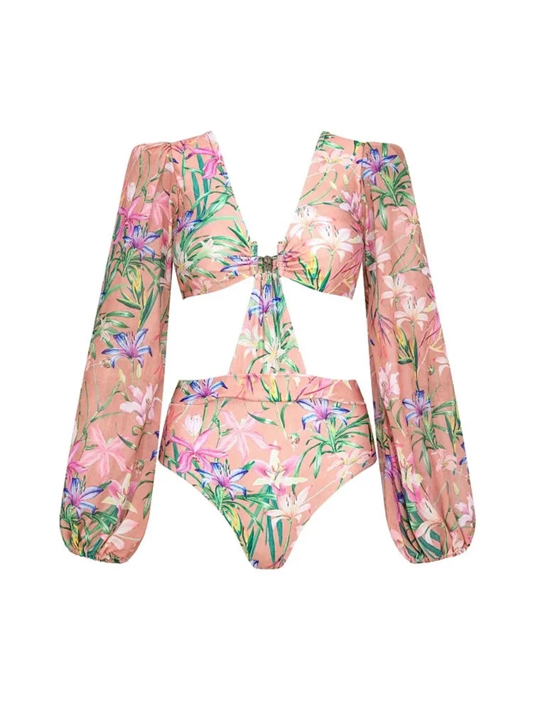Mesh Patchwork Printed Long Sleeve Swimsuit
