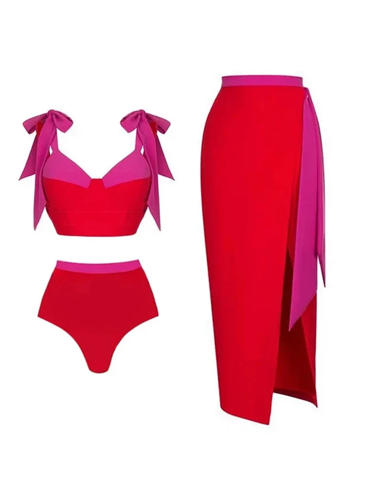 Colorblock Bow Tie Bikini Swimsuit Set