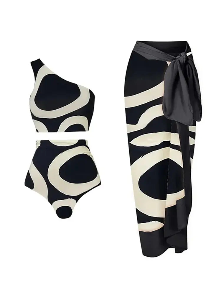 One-Shoulder Colorblock High-Waist Bikini Set