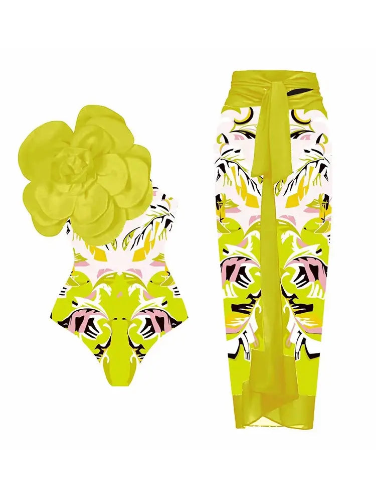 One Shoulder 3D Floral Bust Print Swimsuit