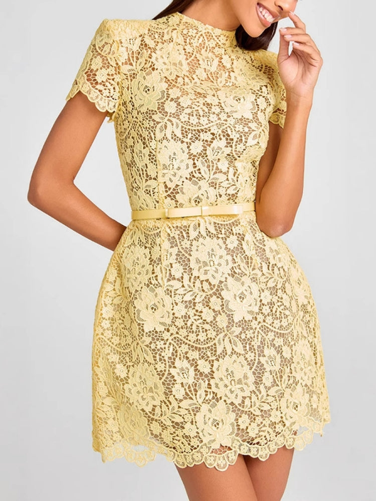 Embroidered Lace Belted Sheer Mini Dress