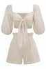 Linen Wrap Front Tie Puff Sleeve Shorts Sets In Khaki