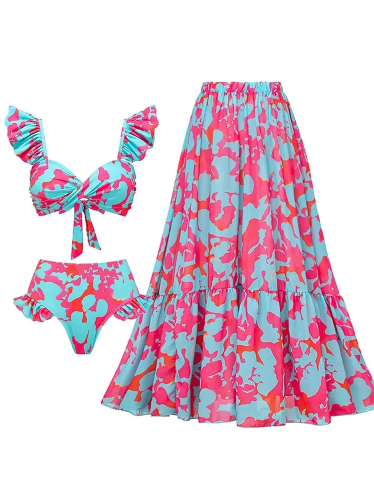 Ruffle Floral High-Waist Bikini Set