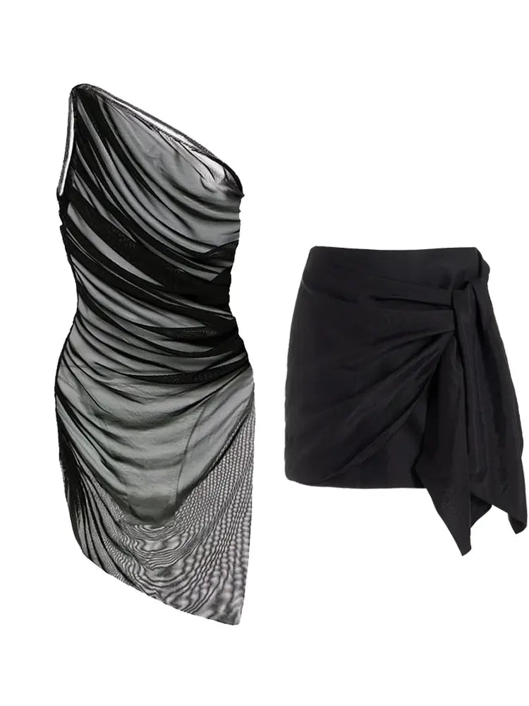 Black Mesh One Piece Swimsuit Set