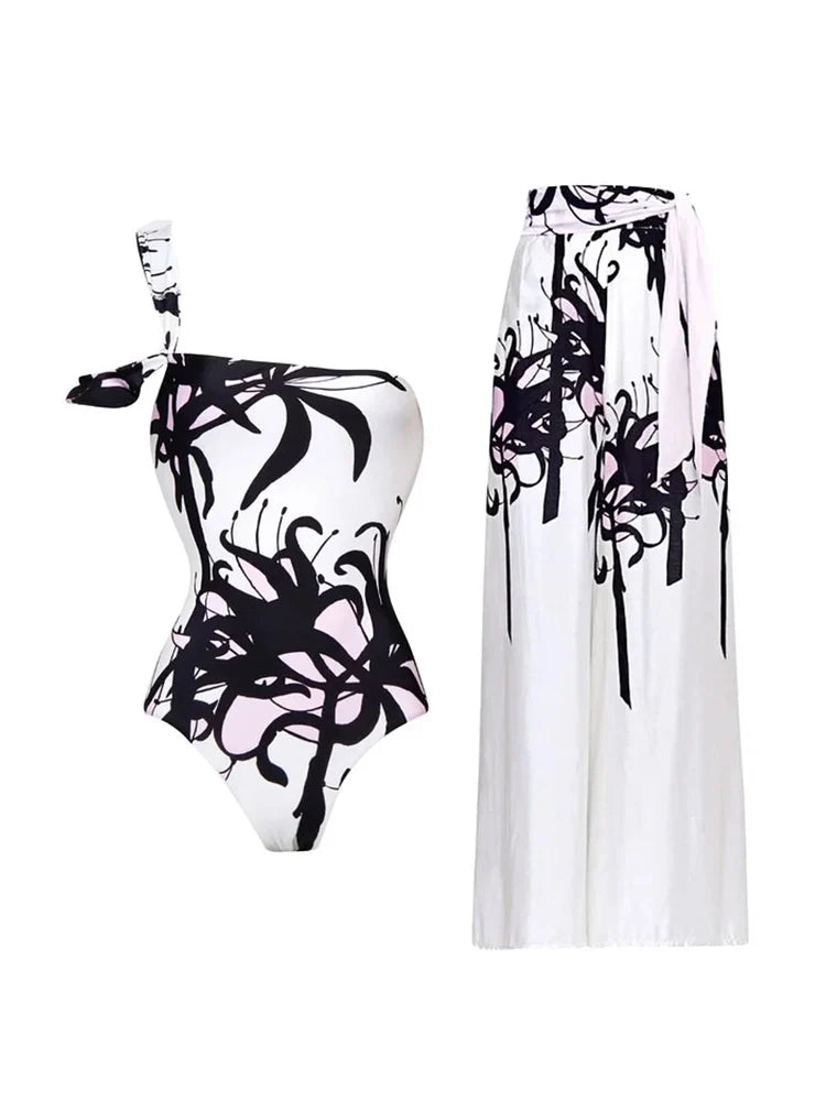 Chinese Ink Print One Piece Swimsuit Set