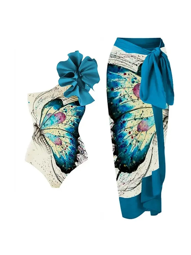 One Shoulder Butterfly Print Floral Swimsuit