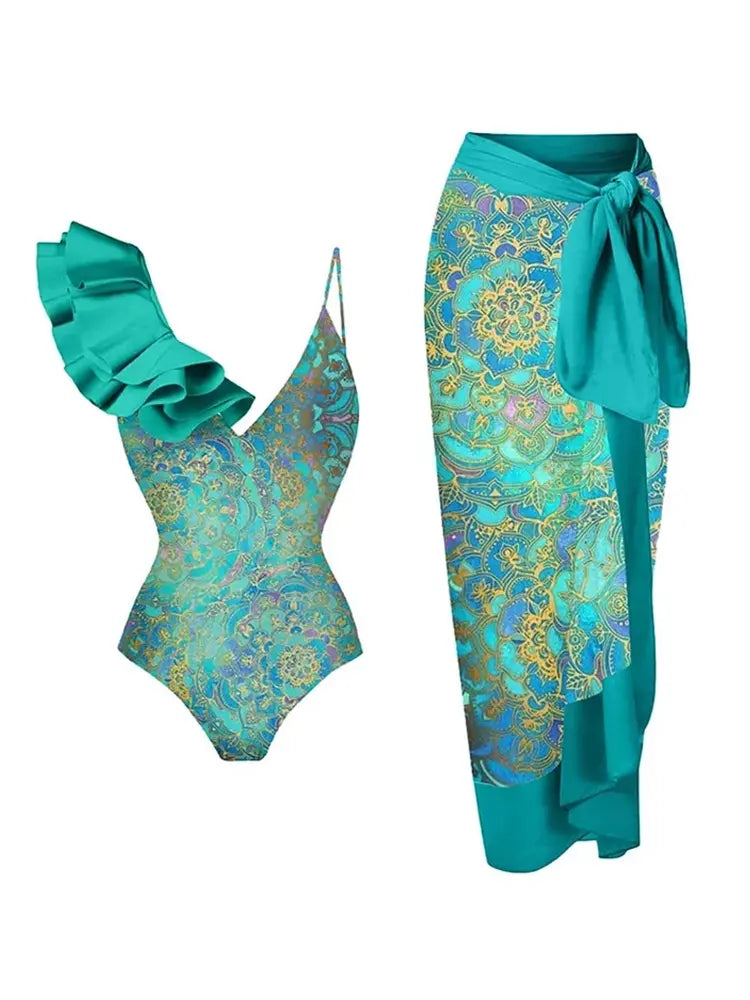 Boho Ruffle Print One Piece Swimsuit Set