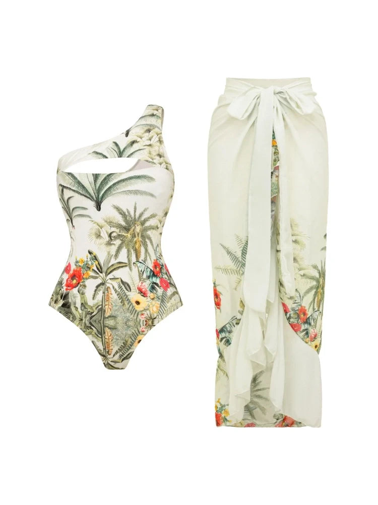 One-Shoulder Cutout Tropical Print Swimsuit