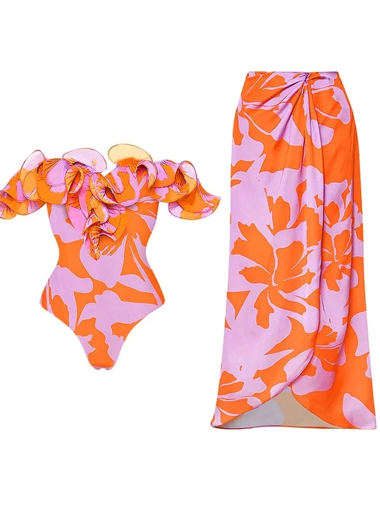 Strapless Ruffle Floral Print One Piece Swimsuit