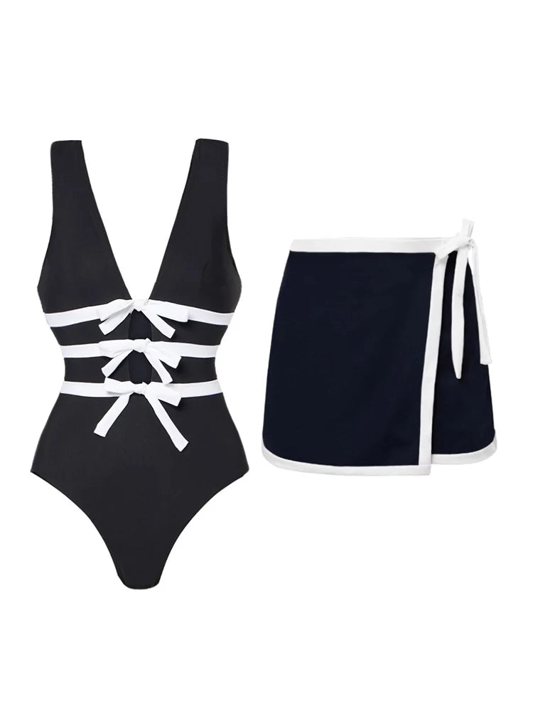 Cutout Black and White One-Piece Swimsuit