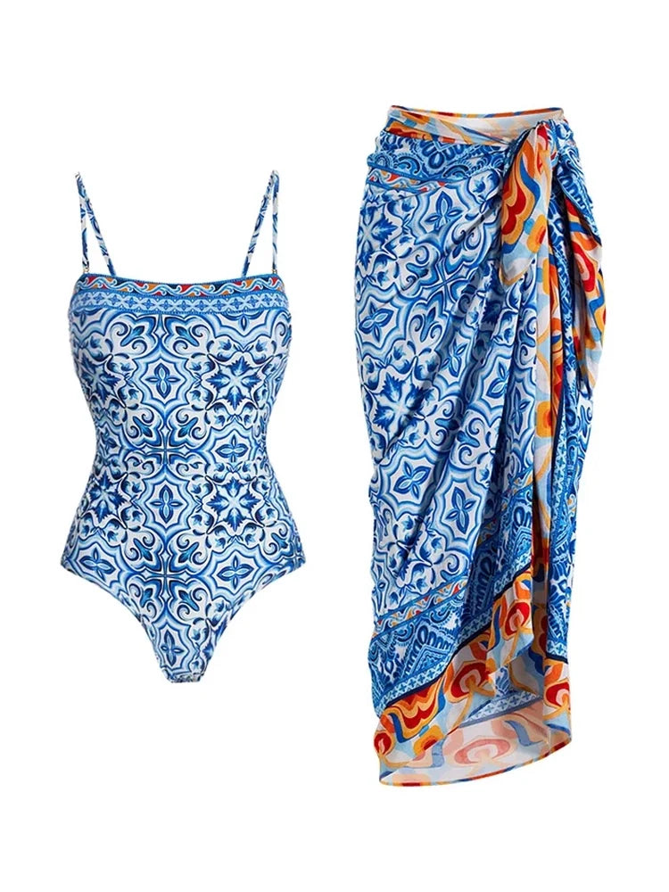 Blue Ethnic Print Swimsuit Set