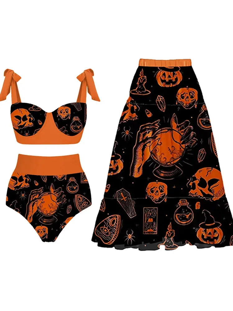 Halloween Pumpkin Skull Print Bikini Set