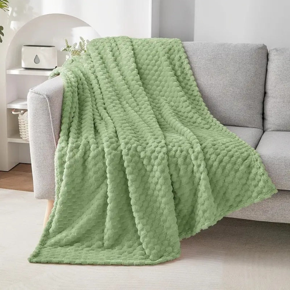 Cream plush faux fur throw blanket with bubble texture, soft and cozy couch or bed cover for home decor