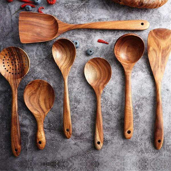 Set of handmade wooden cooking utensils – natural teak kitchen spoons and spatulas for non-stick cookware