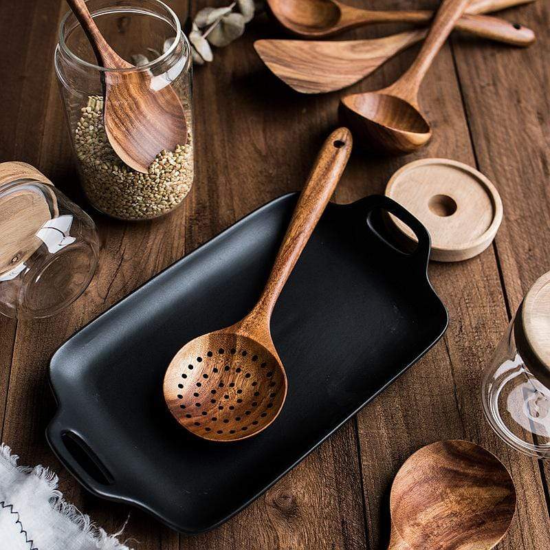 Set of handmade wooden cooking utensils – natural teak kitchen spoons and spatulas for non-stick cookware