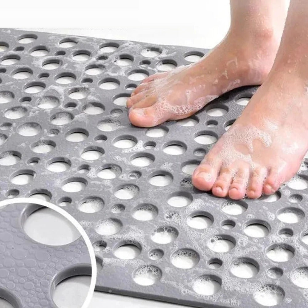 Grey non-slip shower mat with drainage holes – waterproof bathroom floor mat for safety and comfort