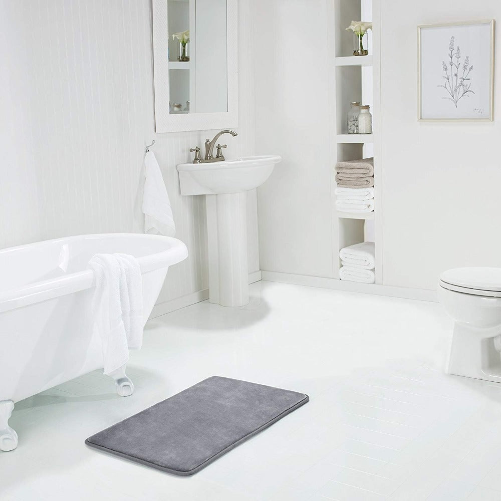 Grey memory foam bathroom floor mat, soft absorbent non-slip bath rug for shower and tub area