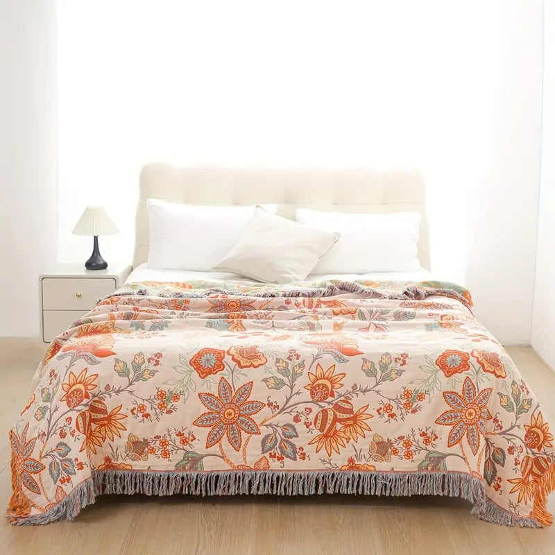 Colorful floral sofa throw blanket – bohemian cotton couch cover for living room decor