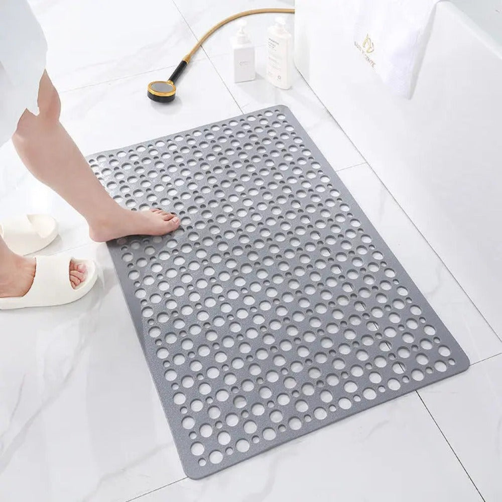 Grey non-slip shower mat with drainage holes – waterproof bathroom floor mat for safety and comfort