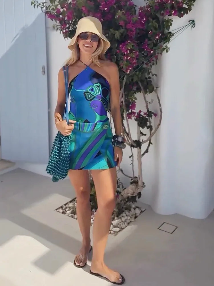 Print Cross-Strap Swimsuit & Wrap Skirt