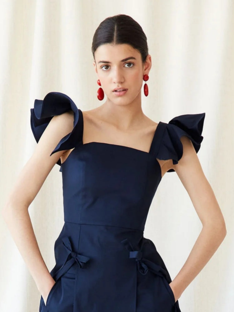 Navy Ruffle Sleeve Top & High-Waisted Pants Set